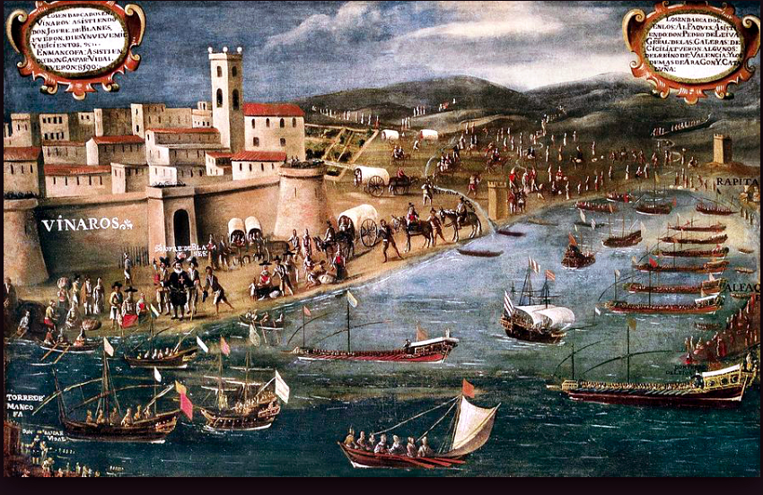 La Ràpita - Expulsió al Port de Vinaros amb la Ràpita a la dreta. Obra de Pere Oromig i Francisco Peralta